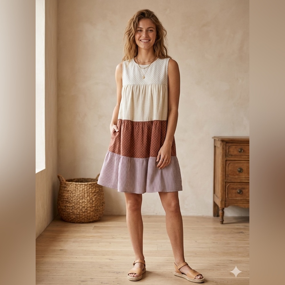 entro Sleeveless Tiered Mini Dress in Cream, Brown & Lavender